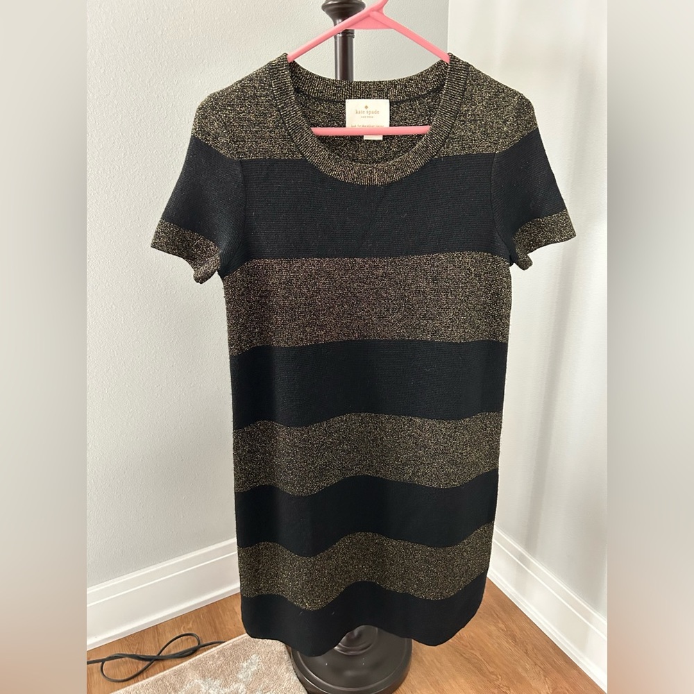 KATE SPADE Freyda Wool Metallic Black Gold Stripe Knit Sweater Shift Dress Small